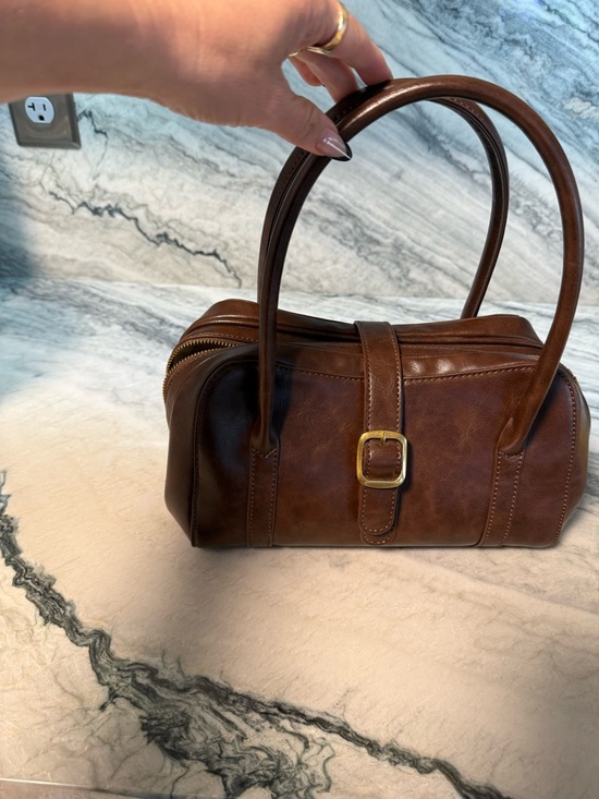 Brandy Melville Handbags - Brandy Melville Brown Leather Barrel Satchel with Gold Buckle